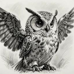 detailed pencil drawing of an cyberpunk owl, she has mechanical wings, and the left eye is the lens of a camera