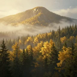 beautiful swedish forest from the view of a mountain, misty, landscape fantasy art, Octane Render, Ureal Engine, highly detailed, very realistic, super long shot, concept art, golden, sacred, AAA Game, Witcher3, sacred, golden hour, by Greg Rutkowski, by James Gurney, by Afremov