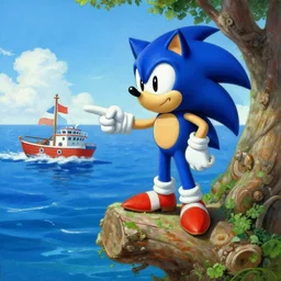 classic painting sonic the hedgehog standing on a tree fort dressed as a sailor pointing at a boat that is crossing the ocean