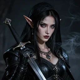 Portrait of a female Elf Rogue named \'Mistress of Death\', high fantasy, epic, black leather armor, detailed sensual face, pretty, dagger, darkness, chiaroscuro, smoke, complex face details, dnd, by Leng Jun, by Leonardo Da Vinci, by Frank Franzzeta, trending, artstationHD, artstationHQ, cgsociety, octane, ultra HD, 8k