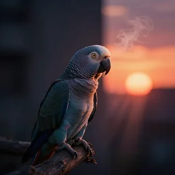 lonely parrot looking at the vaporwave sunset, dark, shadows, light rays, hyperrealistic, digital art, extremely high detail