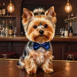 a Yorkshire terrier at a bar wearing a bow tie, extremely detailed masterpiece, illustration, by Michael Sowa,