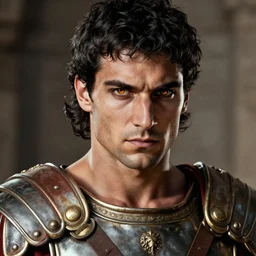 roman general, handsome black - haired noble, ancient soldier, close - up portrait of roman warrior in lorica segmentata, character portrait, masterfully shaded, rome total war, gladiator, deep focus, amber eyes, insane color, artstation, perfect dramatic lighting, 8 k, game cover art, sharp focus, anatomically correct, historical reconstruction, by artgerm