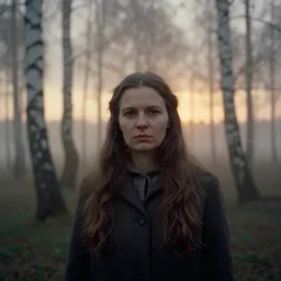 portrait of woman, solemn expression, faded color film, russian cinema, tarkovsky, kodachrome, heavy birch forest, long brown hair, old clothing, heavy fog, atmospheric haze, sunset, low light, dramatic lighting