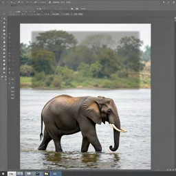 An elephant walking in a river, XF IQ4, 150MP, 50mm, f/1.4, ISO 200, 1/160s, natural light, Adobe Photoshop, Adobe Lightroom, DxO Photolab, Corel PaintShop Pro, rule of thirds, symmetrical balance, depth layering, polarizing filter, Sense of Depth, AI enhanced
