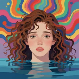 a colorful vibrant closeup portrait of a simple caucasian fairy woman with curly mid length brown hair with a calm afraid aesthetic face half submerged in water realistic reflections and dreaming psychedelic hair, by kawase hasui, moebius, edward hopper and james gilleard, zdzislaw beksinski, steven outram colorful flat surreal design, hd, 8 k, artstation