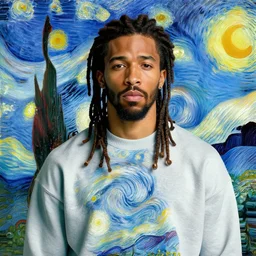 portrait of j cole in a sweatshirt, staring directly at camera, in the style of vincent van gogh, colorful, artistic, vibrant, high fashion, art
