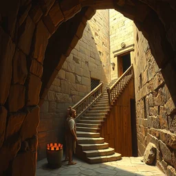the grand stairway leading down into the minoan labyrinth in the basement of the palace of knossos. hyper - realistic art by james gurney or frazetta ; highly - detailed.