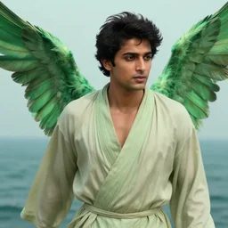 close up portrait, avan jogia as an angel flying, green feathers, handsome, simple robes, handsome, ocean background, alphonse mucha, rhads, ross tran, artstation, artgerm, octane render, 1 6 k