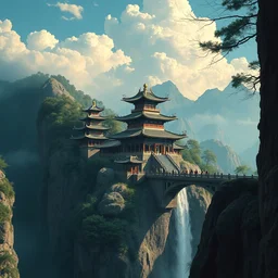 a gorgeous painting by maxfield parrish. chinese hanging temple. yungang buddh. the winding steps. stone bridge. clouds in the wind!! ultra clear detailed. 3 d, octane render. water fall farom the mountain.