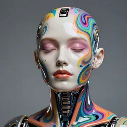 a hyperrealistic fine art portrait photo of a plastic cybernetic human with psychedelic colorful body paint, by brad kunkle, maarten schröder and tom bagshaw, smooth shapes and lines, vignette, 50mm lens, golden ratio composition, studio photography, closed eyes, very detailed, artstation, 8K, highly coherent