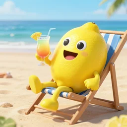 a lemon with a happy mouth and happy eyes and legs, sitting on a deck chair, holding in his hand a cocktail as he enjoyed it by the beach, with the sea in the distance, 4 k, hd, realistic