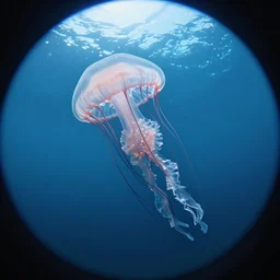 a chirodectes maculatus jellyfish swimming in the ocean, shutterstock contest winner, ecological art, bioluminescence, fisheye lens, wide lens