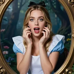 beautiful portrait of young woman with a gorgeous face and perfect body who is a perfect blend of kate upton and dove cameron dressed like disneys alice in wonderland and rolling hard on ecstasy and peaking on pure molly, pupils dilated, euphoric and bewildered, through the looking glass, photography, high definition, 8 k resolution, retouched, glamour by bayard wu