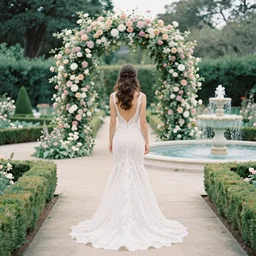 analog photograph of beautiful woman from the back wearing a long flowing trumpet style lace wedding dress in stunning garden on a stone pathway with a flower archway and a pristine fountain at midday by mark owen. rule of thirds. pastel colours. bokeh. cinematic. hq. detailed. contrast. cinestill 8 0 0 t