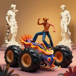a cowboy turning into blooms by slim aarons, by zhang kechun, by lynda benglis. tropical sea slugs, angular sharp tractor tires. complementary bold colors. photo of a manly cowboy. warm soft volumetric dramatic light. national geographic. 8 k, rendered in octane, smooth gradients. angular sculpture by antonio canova by gian lorenzo bernini.
