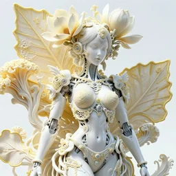intricate hyper detailed ultra sharp 3 d render of a beautiful porcelain alabaster seductive woman medium shot portrait, close - up, bright light, alexandre ferra georg loschner white mecha, cyberpunk mechanical haute couture huge fractal mycelum and fungi, huge magnolia goliath head ornaments, big embroidered leaves filigree sinuous roots, octane render, volumetric cinematic lighting, 8 k, vray tracing, yellow