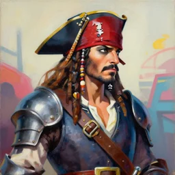 greg manchess portrait painting of partially armored pirate captain guybrush threepwood as overwatch character, medium shot, asymmetrical, profile picture, organic painting, sunny day, matte painting, bold shapes, hard edges, street art, trending on artstation, by huang guangjian, gil elvgren, ruan jia, greg rutkowski, gaston bussiere