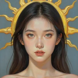 breathtaking detailed concept art nouveau painting of attractive Ashley Liao as the goddess of the sun, with anxious, piercing eyes, by Alphonse Mucha, Michael Whelan, William Adolphe Bouguereau, John Williams Waterhouse, and Donato Giancola, cyberpunk, dark extremely moody lighting, 8K