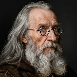 face portrait of a thin very old wizard with long silver hair and beard and light blue eyes, small half - moon glasses and a long crooked nose, highly detailed, renaissance painting