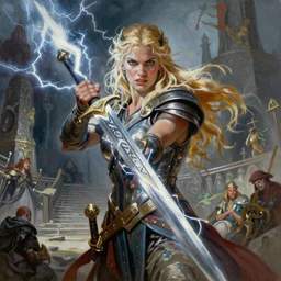 A mixed media painting of the beautiful blonde viking goddess of war with a sword of lightning, very aesthetic, detailed face, by Frank Frazetta, Greg Rutkowski, Boris Vallejo, Beeple, Christian MacNevin, epic fantasy character art, goddess of anger, viking runes, elven, high fantasy, CGsociety, full length, exquisite detail, post-processing, low angle, masterpiece, cinematic, odin's stone arena background