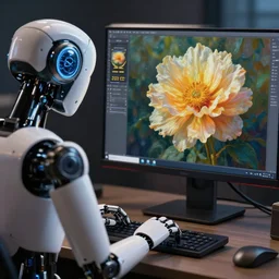 robot working on a computer. computer displays an oil painting of a flower, hyperrealistic, cinematic lighting, award winning photography