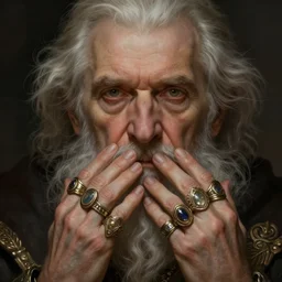 old man with rings on all his fingers, deep focus, d & d, fantasy, intricate, elegant, highly detailed, digital painting, artstation, concept art, matte, sharp focus, illustration, hearthstone, art by artgerm and greg rutkowski and alphonse mucha