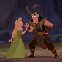 Film still, animation frame of the trickster god Loki playing a trick on princess, from the Disney animated film, Valhalla (1996)