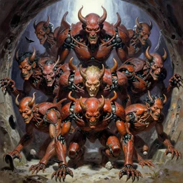 robotic demons crawling out of a portal to hell, by shigenori soejima, by frank frazetta, by thomas kinkade, by ilya kuvshinov, digital painting masterpiece, beautiful brush strokes, advanced lighting technology, symmetry!!!, accurate and realistic faces and anatomy