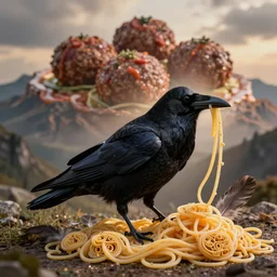 a raven with spagetthi instead of feathers, intricate and detailed spaghetti fractals, a mountain of meatballs in the background, epic composition, rim light, photorealistic