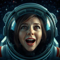 excited emma watson's face inside astronaut's helmet, reflecting stars and galaxies, high detail, fish eye effect, smooth, sharp focus, cgsociety, artstation, illustration, unreal engine, 8 k, 4 k