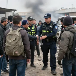 a police officer helping people get to safety in a war