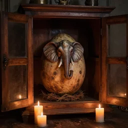 a large old wooden cabinet with a detailed scary alien elephant egg, burning candels in front, beautifull low light