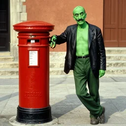 green skin man stand by a postbox, by salvador dali