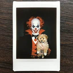 Old polaroid photo of a Clown Vampire with cute puppy