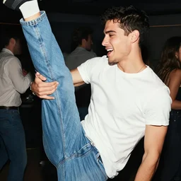 a very handsome young man who is flirting with another very handsome young man at a party. jeans and tshirt
