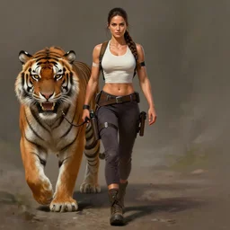 epic portrait of very muscled Mila Kunis as Lara Croft walking her giant angry pet tiger by a lead, elegant, highly detailed, centered, digital painting, artstation, concept art, artgerm, donato giancola, Joseph Christian Leyendecker, WLOP, Boris Vallejo, Artgerm