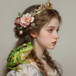 hyperdetailed fantasy profile portrait of a realistic princess and the frog, floral hair, by greg rutkowski, highly detailed, digital painting, artstation, smooth, sharp focus illustration, artstation hq. intricate, elegant, 8 k. art by wlop and artgerm and ayami kojima. dan mumford, tomokazu matsuyama, takato yamamoto