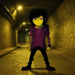 gorillaz in a tunnel at night, 2001, gorillaz phase 1, yellow lights, urban