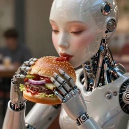 an attractive serene cute android eating a hamburger, luscious sesame seed buns with extra ketchup pickles and onions, partially human , partially biomedical design , natural atmosphere, great high details, highly reaslitic,    cinematic lighting, intricate, elegant, super highly detailed, art station, concept arD, beautiful, delicate, art by artgerm and greg rutkowski and alphonse mucha and loish and WLOP