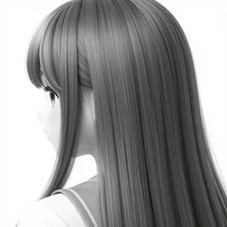 hyper detailed black and white realistic close shot from the back of manga cute young adult girl with long black hair wearing school uniform sitting in a chair with worried expression by yoji shinkawa, shikinami asuka langley, johfra bosschart
