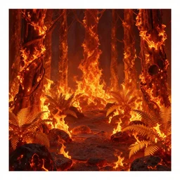 A flaming forest , flaming leaves,Magma,flame stones are scattered, flame ferns, flame shrubs, huge flame Fantasy plant,covered in flame porcelain vine,by anthony avon