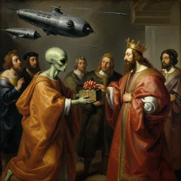 an oil painting by diego velazquez of an alien party giving a present to the catholic kings, spaceships in the background - n 3