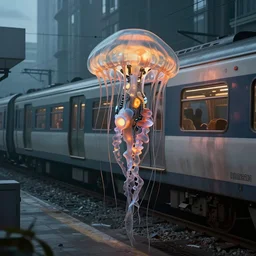 Cyborg biomechanical jellyfish urban train. By Konstantin Razumov, highly detailded