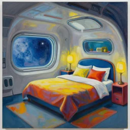 a painting of a bedroom in a spaceship, hyper modern, detailed, colorful, by victo ngai,