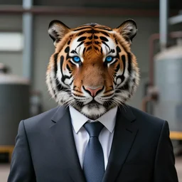 high quality portrait photo of an industrialist tiger dressed in a dark business suit and tie, Anthropomorphic, photography 4k, f1.8 bokeh, 4k, 85mm lens, sharp eyes, blue eyes