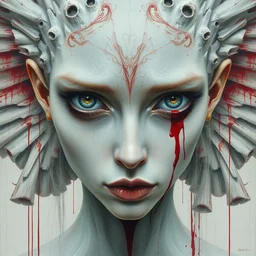 a hyper detailed and abstract portrait of a albino lady from heaven, bored eyes, cool expression, beautiful symmetrical face, award winning painting, brush splashes of blood, artwork by chiara bautista and beksinski and norman rockwell and greg rutkowski, tom bagshaw weta studio, and lucasfilm