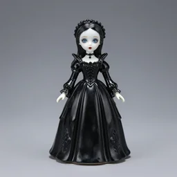 a porcelain doll of a gothic girl using black vinil, studio background, good light,
