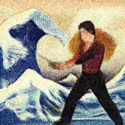 Harry Styles fighting Beyoncé with a katana sword, in the style of Hokusai