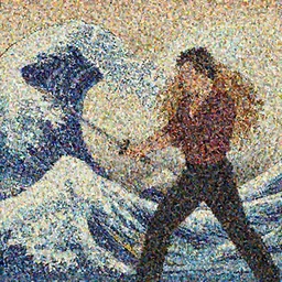 Harry Styles fighting Beyoncé with a katana sword, in the style of Hokusai